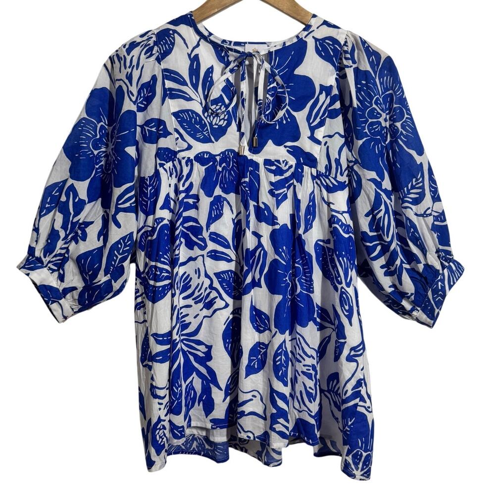 J.Marie Laken V-Neck Puff Sleeve Tunic Top Women XS Blue White Floral Coastal